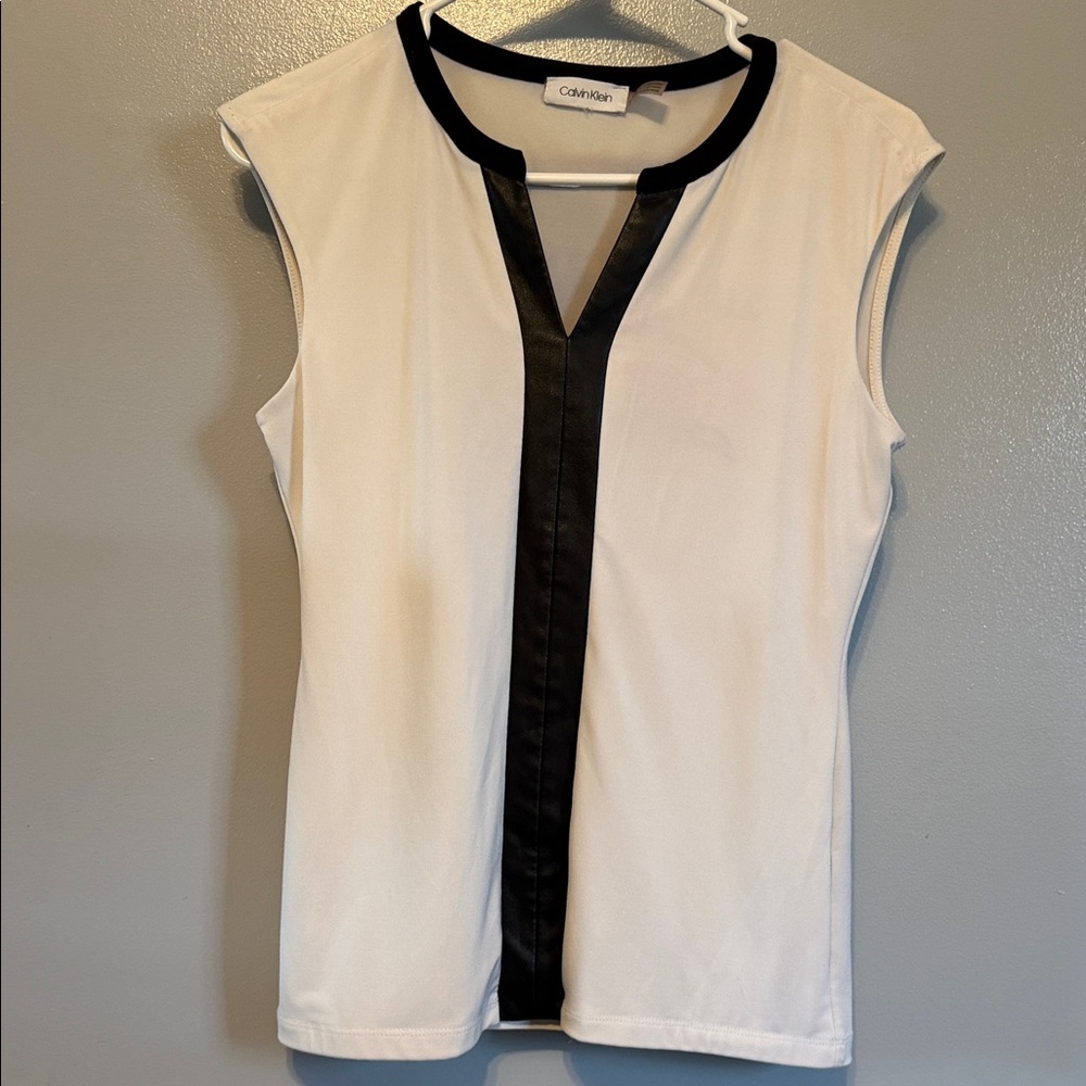 Calvin Klein Faux Black Leather V Neck Beige Blouse